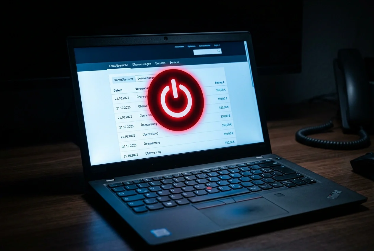 Dunkel beleuchteter Laptop-Bildschirm mit Online-Banking-Oberflaeche und einem roten Abschaltungs-Symbol