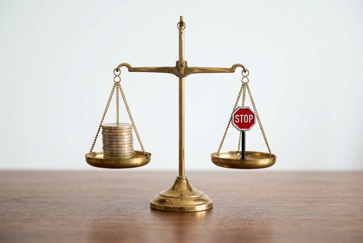 Waage mit Euro-Muenzen auf einer Seite und einem Stoppschild-Symbol auf der anderen Seite