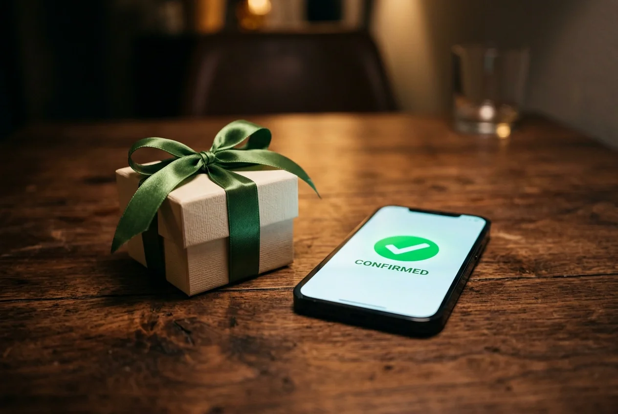 Geschenkbox mit gruener Schleife neben einem Smartphone auf einem dunklen Tisch