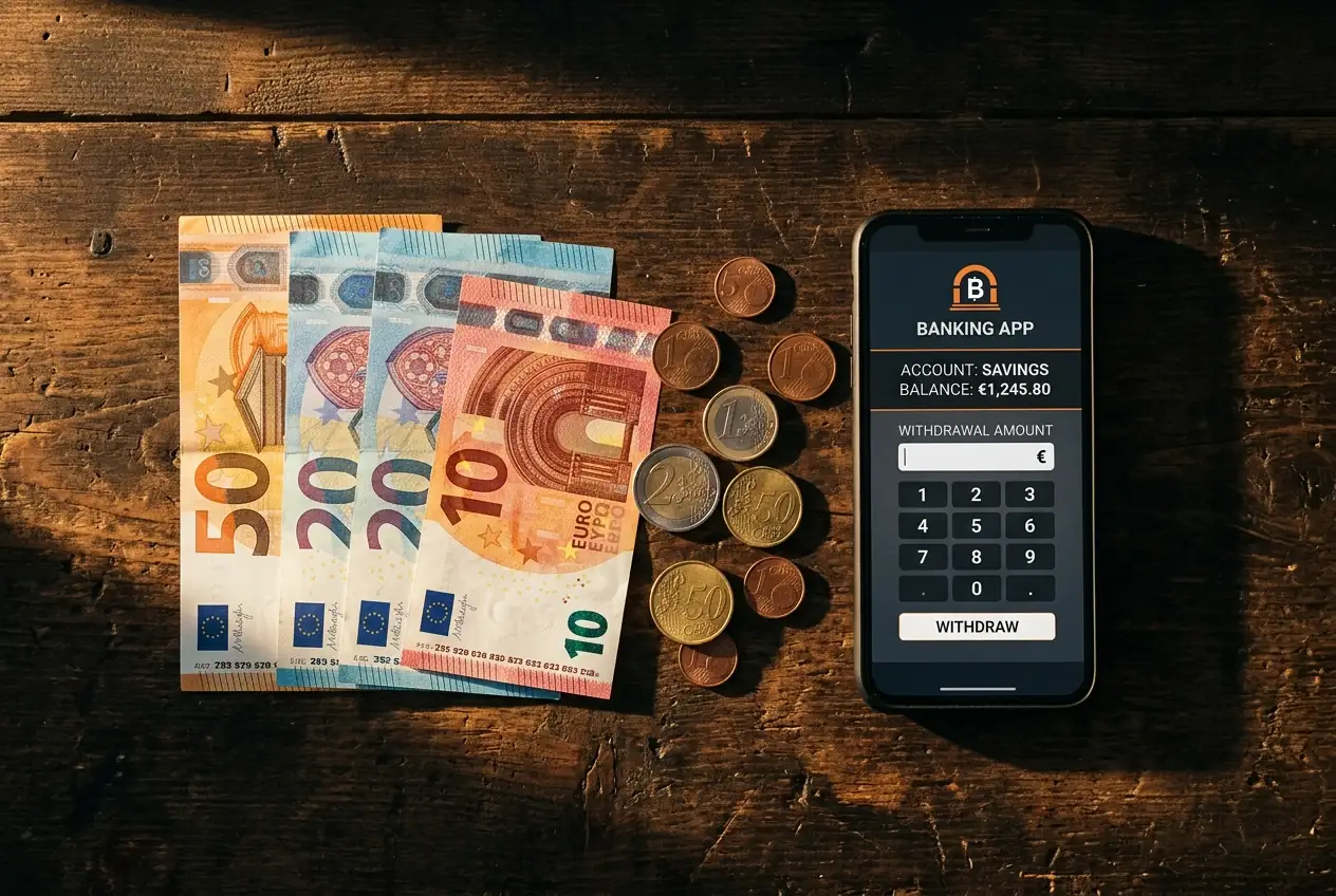 Geldscheine und Muenzen neben einem Smartphone mit Banking-App auf einem dunklen Schreibtisch