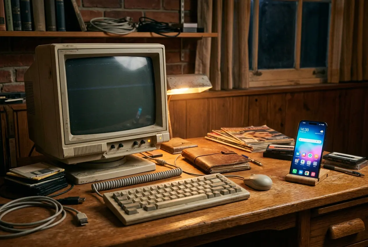 Retro-Schreibtisch mit altem Monitor und modernem Smartphone nebeneinander als Symbol fuer technologischen Wandel