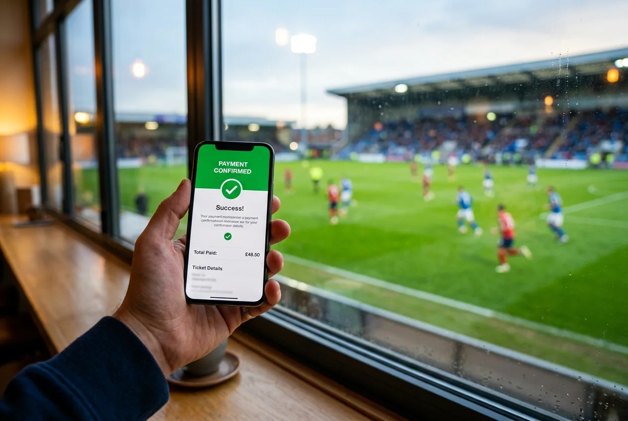Hand haelt Smartphone mit geoeffneter Sofortueberweisung-Oberflaeche vor einem unscharfen Fussballfeld-Hintergrund