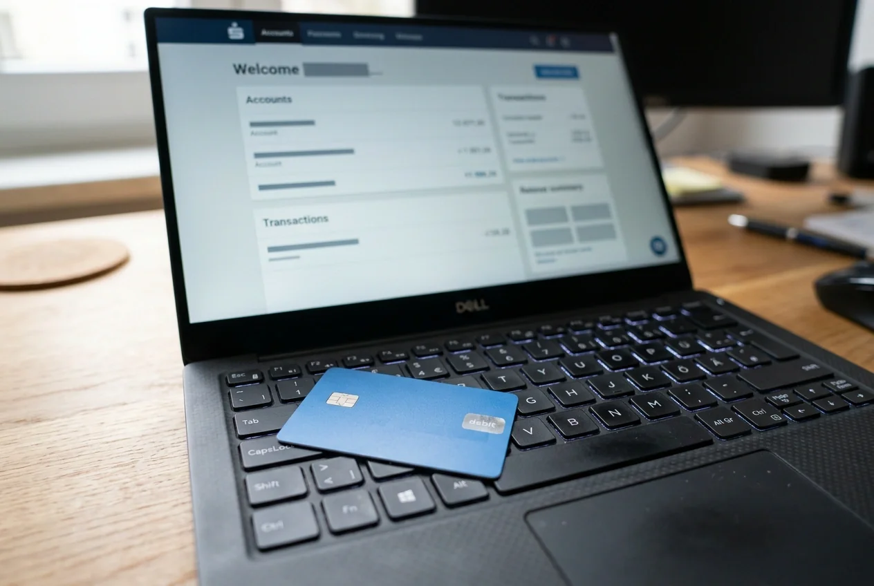 EC-Karte auf einer Laptop-Tastatur mit einem Online-Banking-Bildschirm im Hintergrund