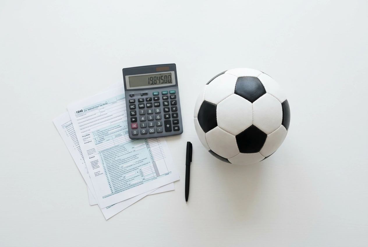 Taschenrechner neben einem Steuerformular und einem Fussball auf einem Schreibtisch