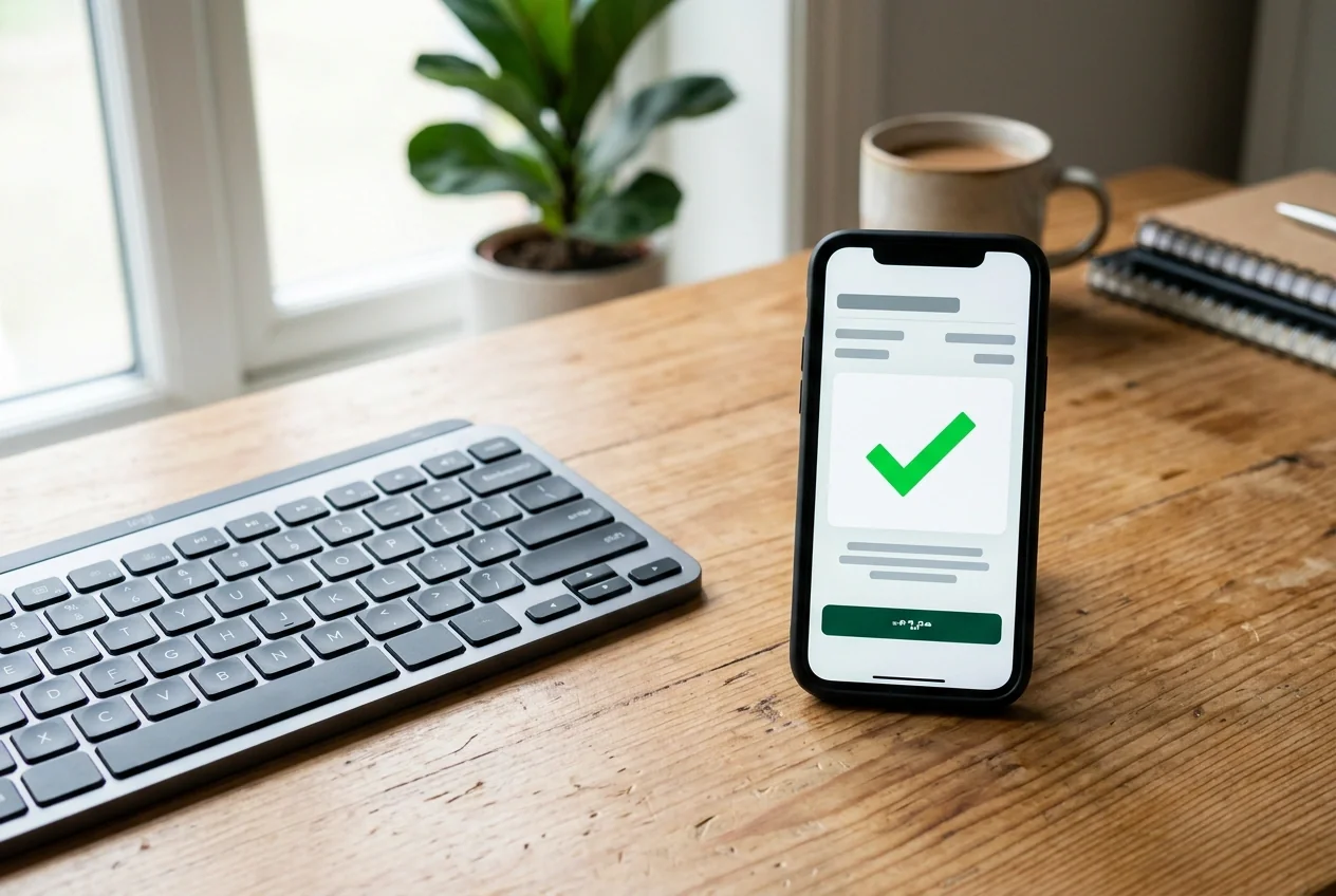 Smartphone mit geoeffneter Banking-App neben einer Laptop-Tastatur auf einem Holzschreibtisch
